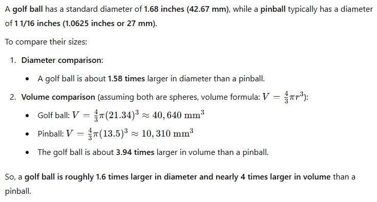 Notes comparing a golf ball (42.67 mm) to a pinball (27 mm): about 1.58 times the diameter and 3.94 times the volume